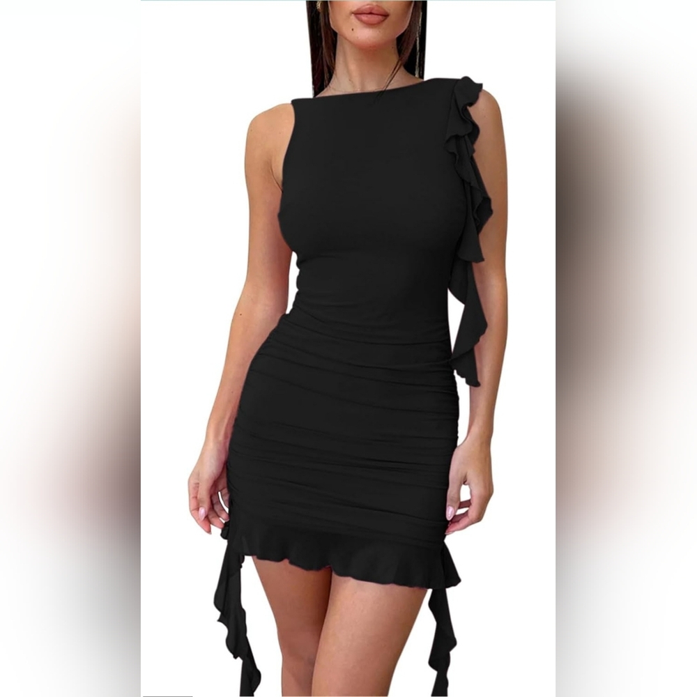 Black Sleeveless Ruched Meshed Bodycon Mini Dress